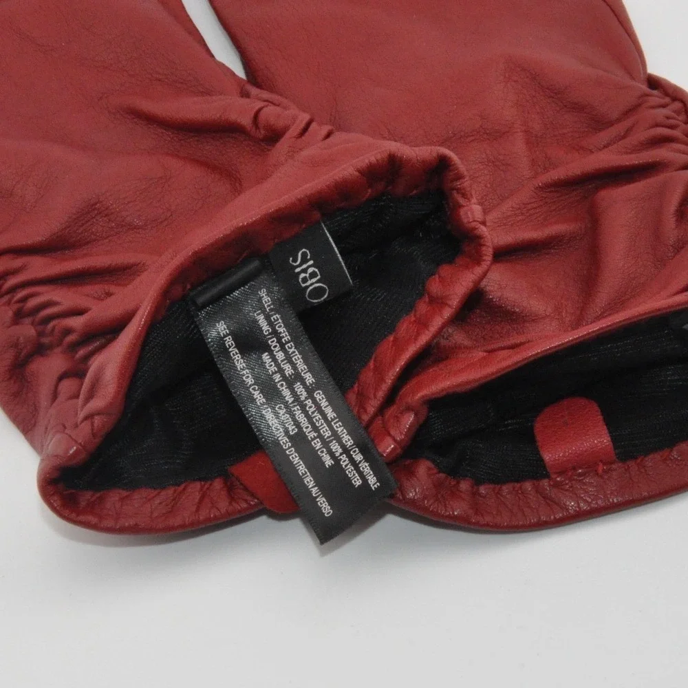 JOBIS Leather Gloves Medium Red Excellent Ruched Gathered Wrist Winter Accessory